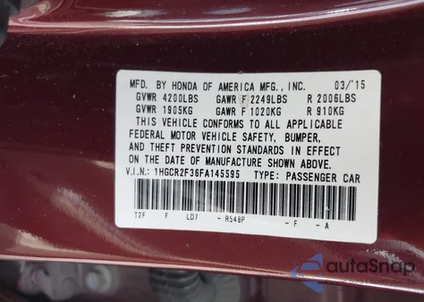 2015 Honda Accord Lx from USA, damaged, VIN 1HGCR2F36FA145595